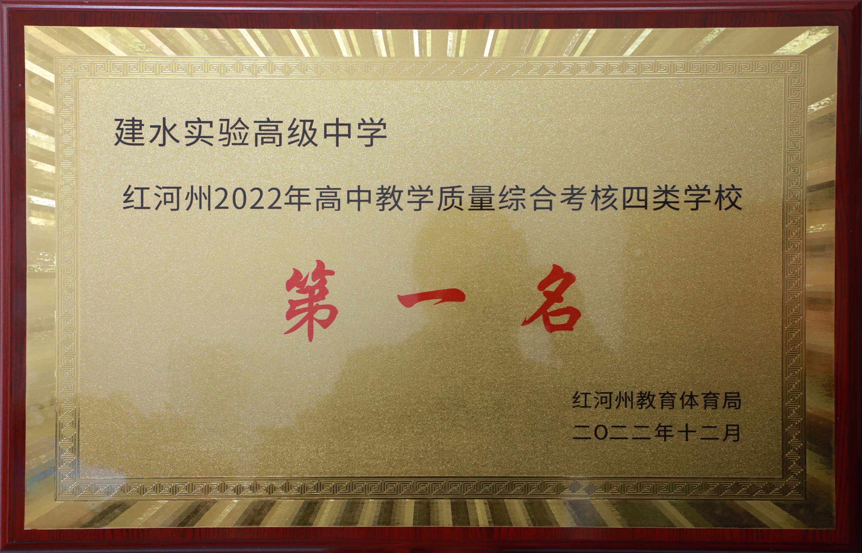 红河州2022年高中教学质量综合考核四类学校 第一名